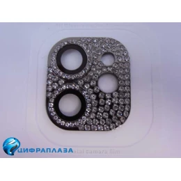 Защитное стекло на камеру iPhone 11/12 Mini со стразами черное