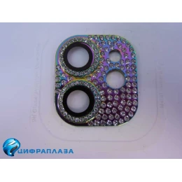 Защитное стекло на камеру iPhone 11/12 Mini со стразами разноцветное