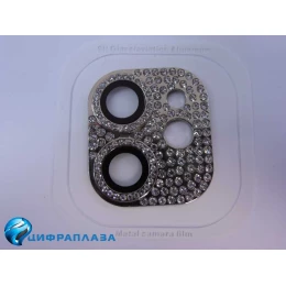 Защитное стекло на камеру iPhone 11/12 Mini со стразами серебро